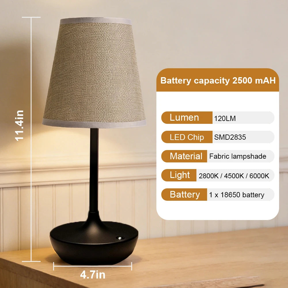 Classic Cordless Table Lamp with Fabric Drum Shade, Dimmable