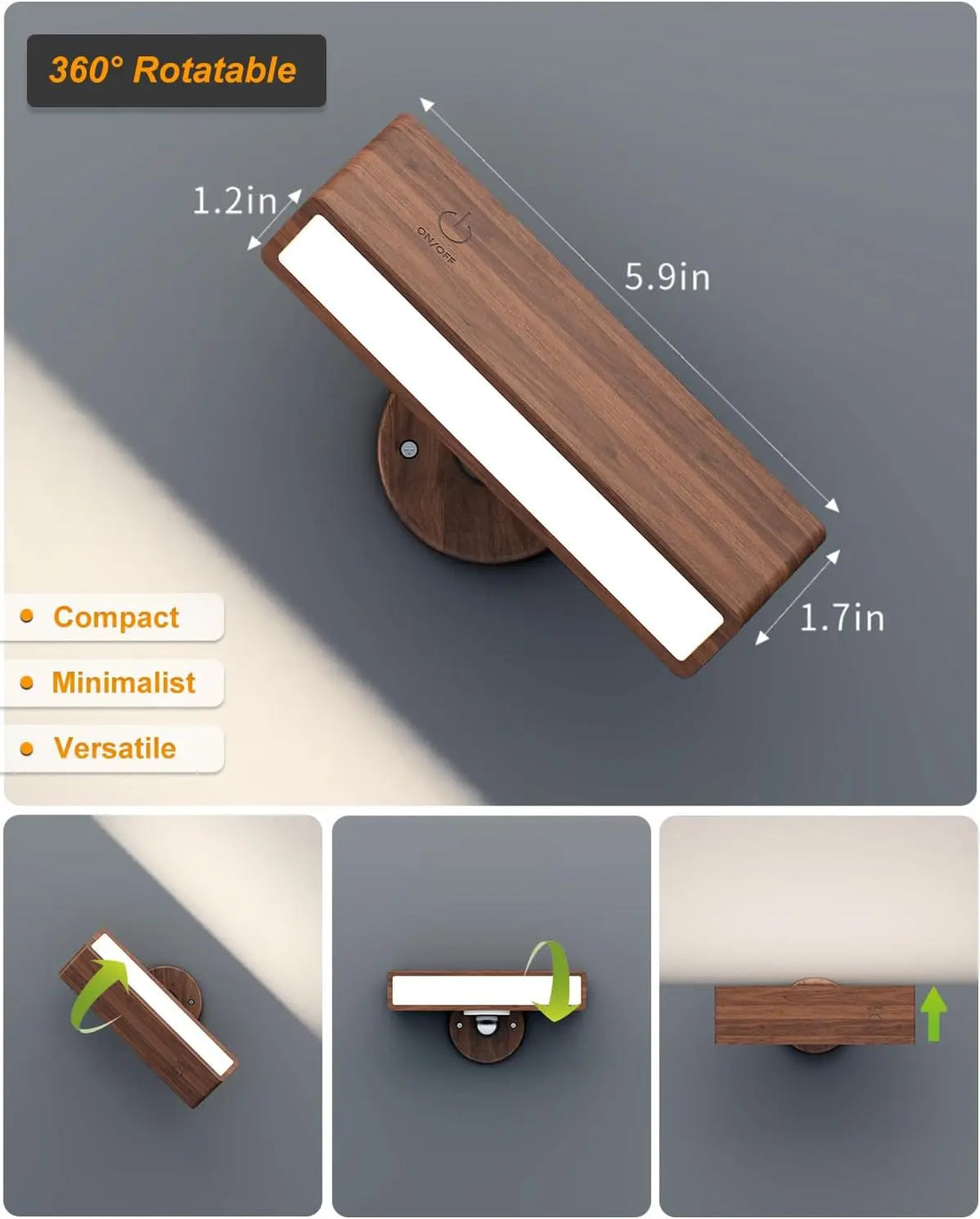 Solid Wood Rechargeable Wall Sconces, Set of 2, Touch Dimmable