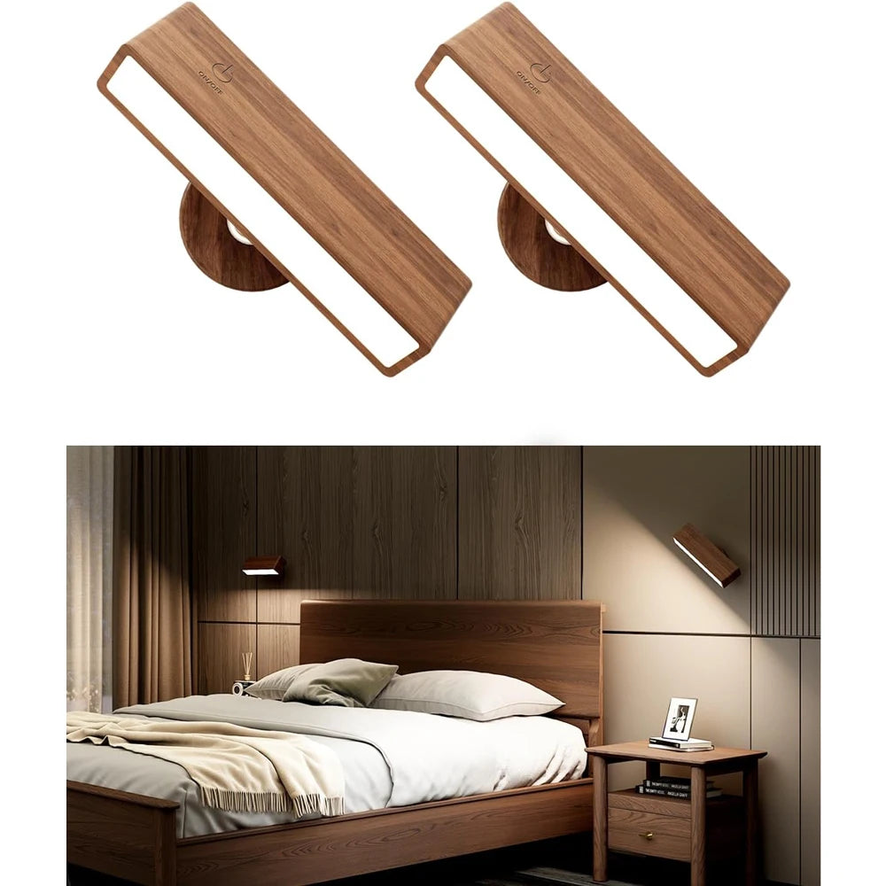 Solid Wood Rechargeable Wall Sconces, Set of 2, Touch Dimmable