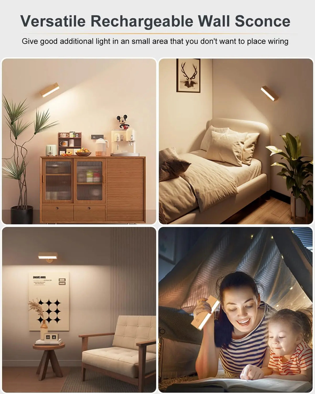 Rechargeable Wood Wall Lamp, Magnetic 360° Rotating Reading Light