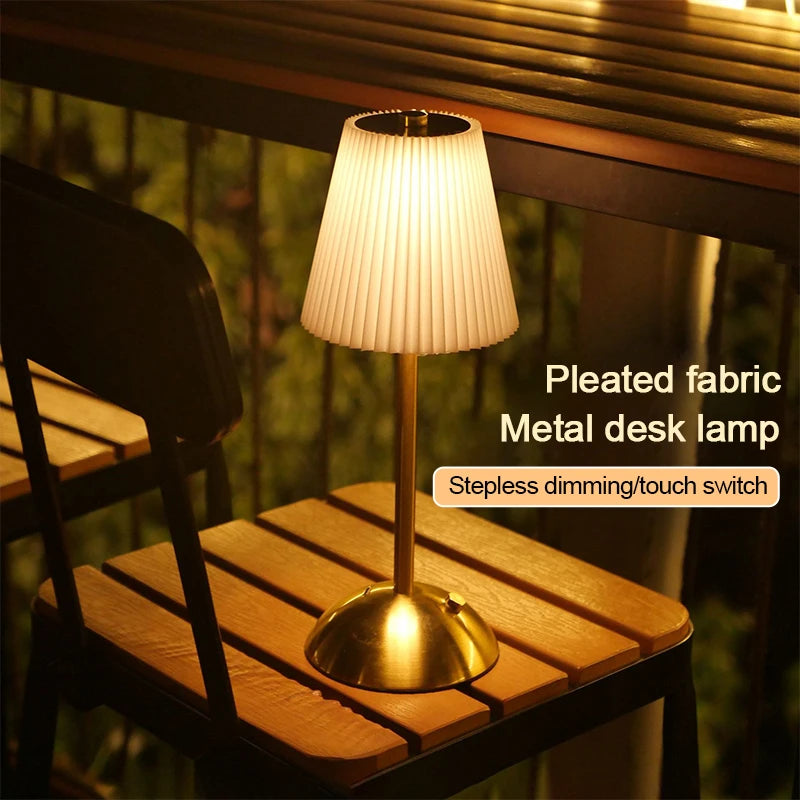 Small Pleated Cordless Table Lamp, Soft Touch Dimmable Light