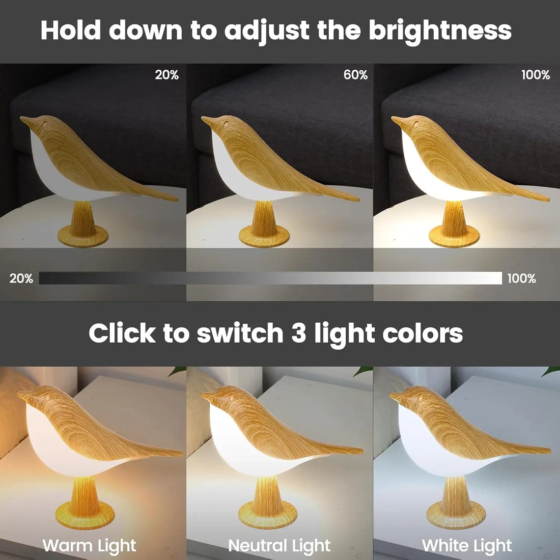 Cordless Bird Touch Lamp, Art Deco, Rechargeable and Dimmable