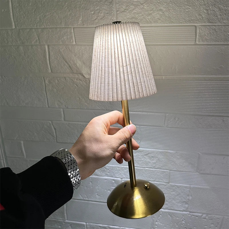 Small Pleated Cordless Table Lamp, Soft Touch Dimmable Light