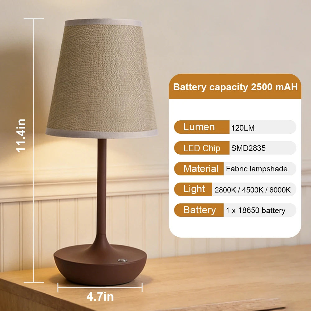 Classic Cordless Table Lamp with Fabric Drum Shade, Dimmable