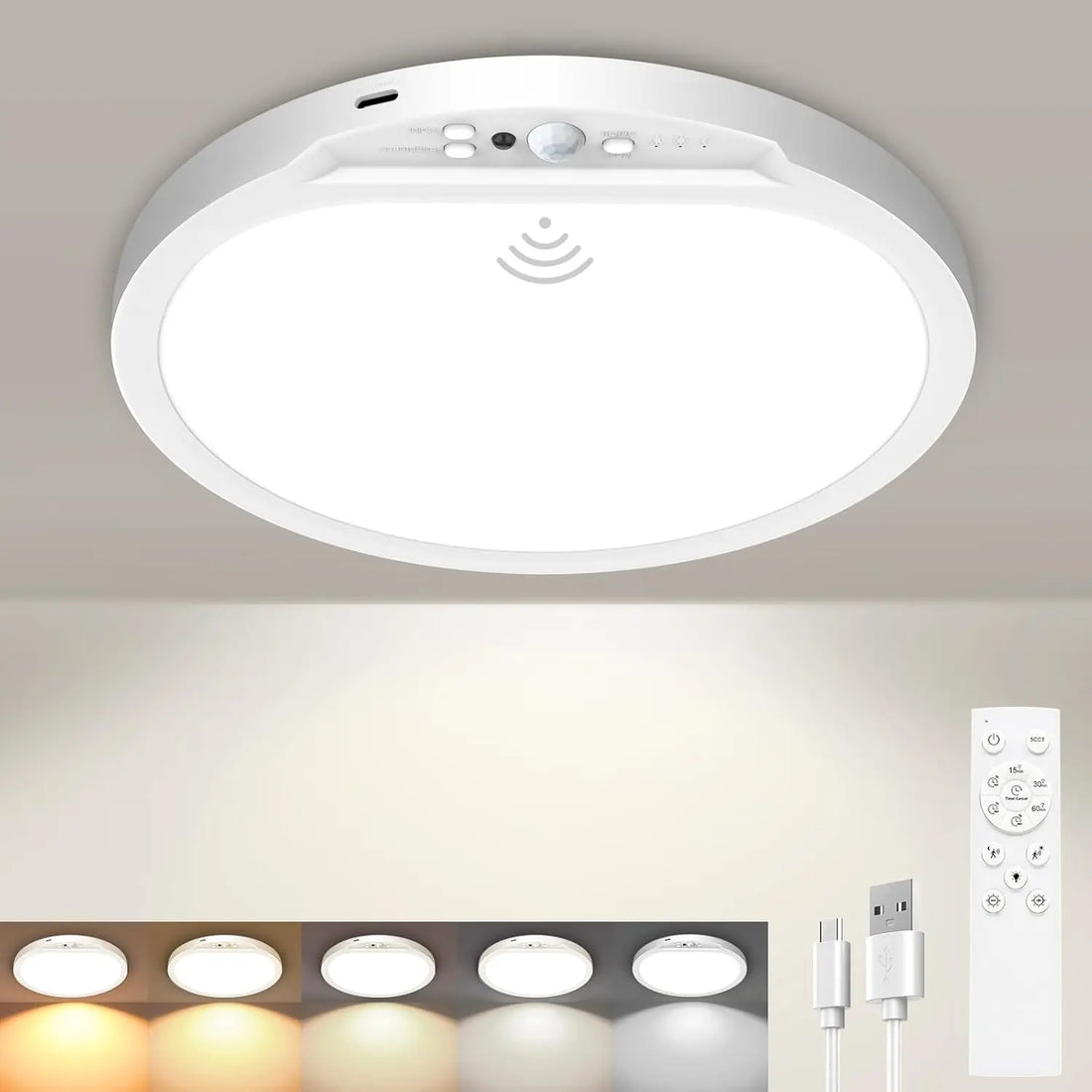 Battery Powered Ceiling Light with Remote and Motion Sensor, Rechargeable
