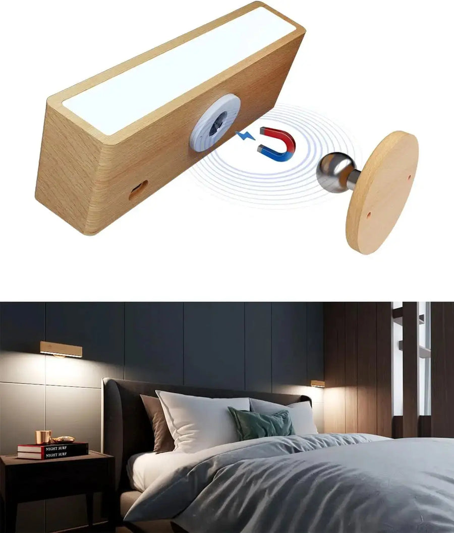 Rechargeable Wood Wall Lamp, Magnetic 360° Rotating Reading Light