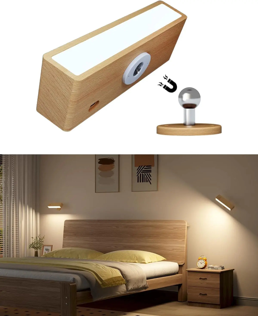 Rechargeable Wood Wall Lamp, Magnetic 360° Rotating Reading Light