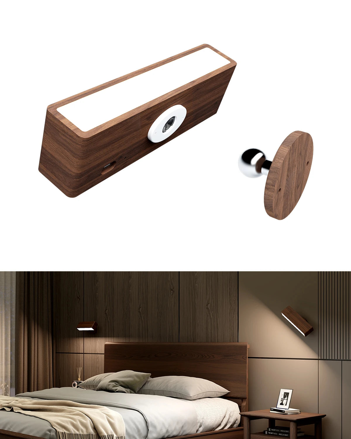 Rechargeable Wood Wall Lamp, Magnetic 360° Rotating Reading Light