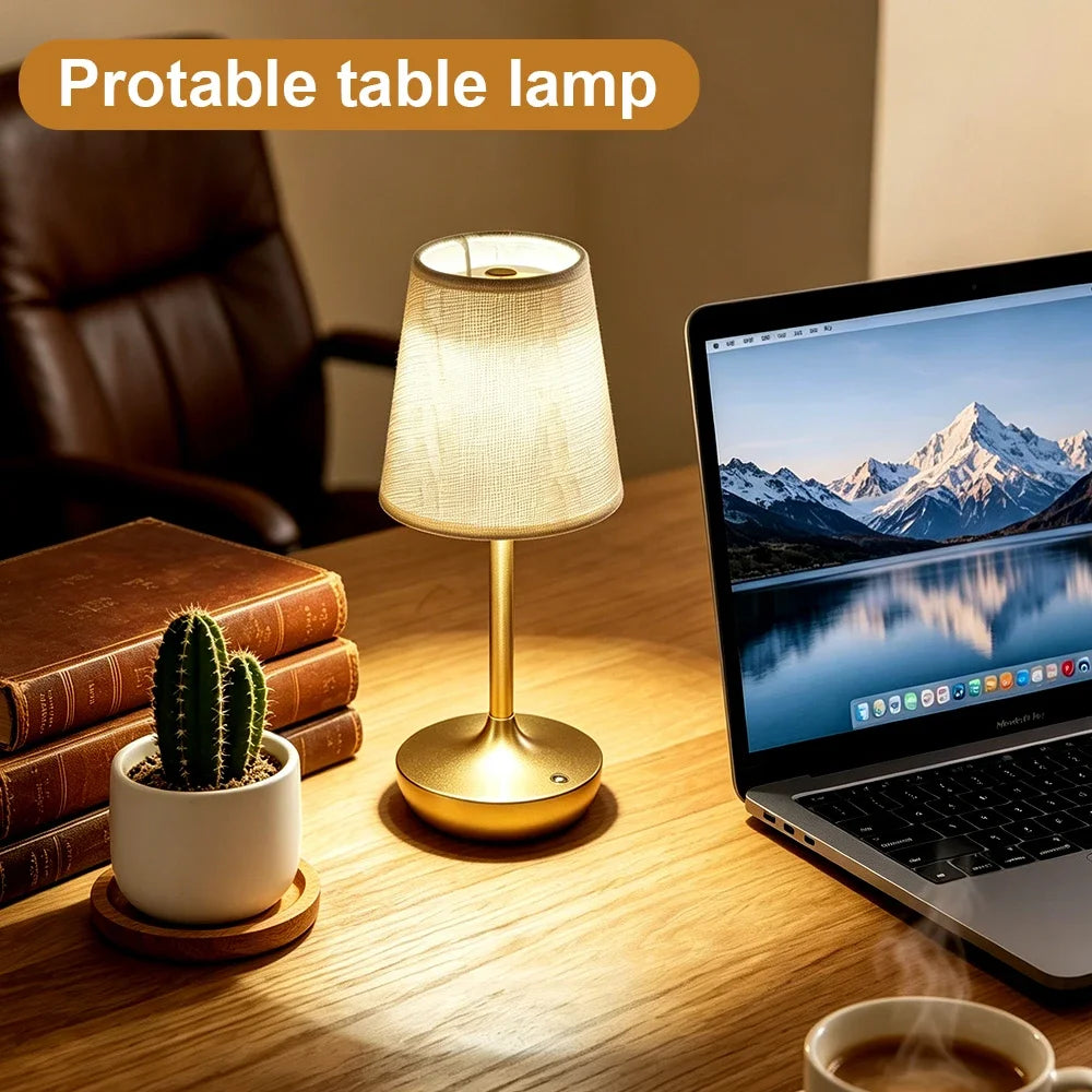 Classic Cordless Table Lamp with Fabric Drum Shade, Dimmable