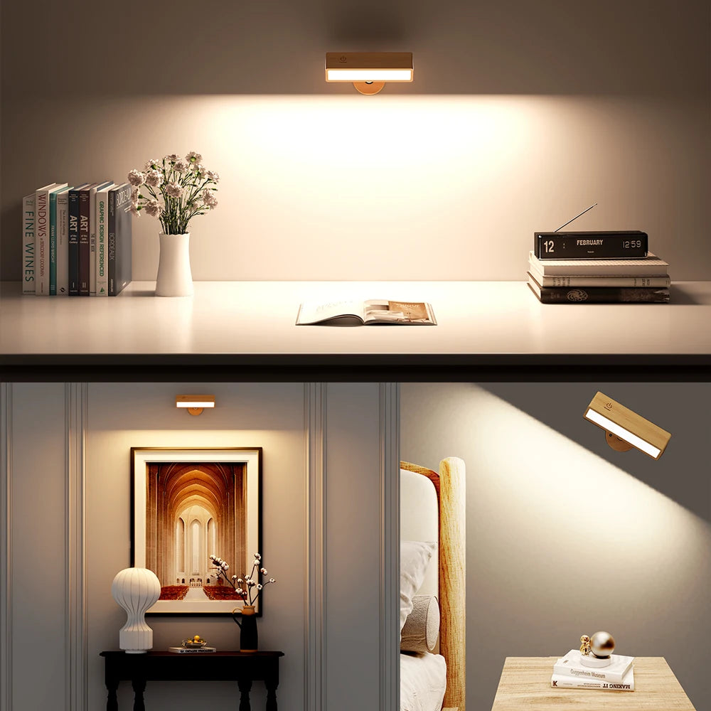 Rechargeable Wood Wall Lamp, Magnetic 360° Rotating Reading Light