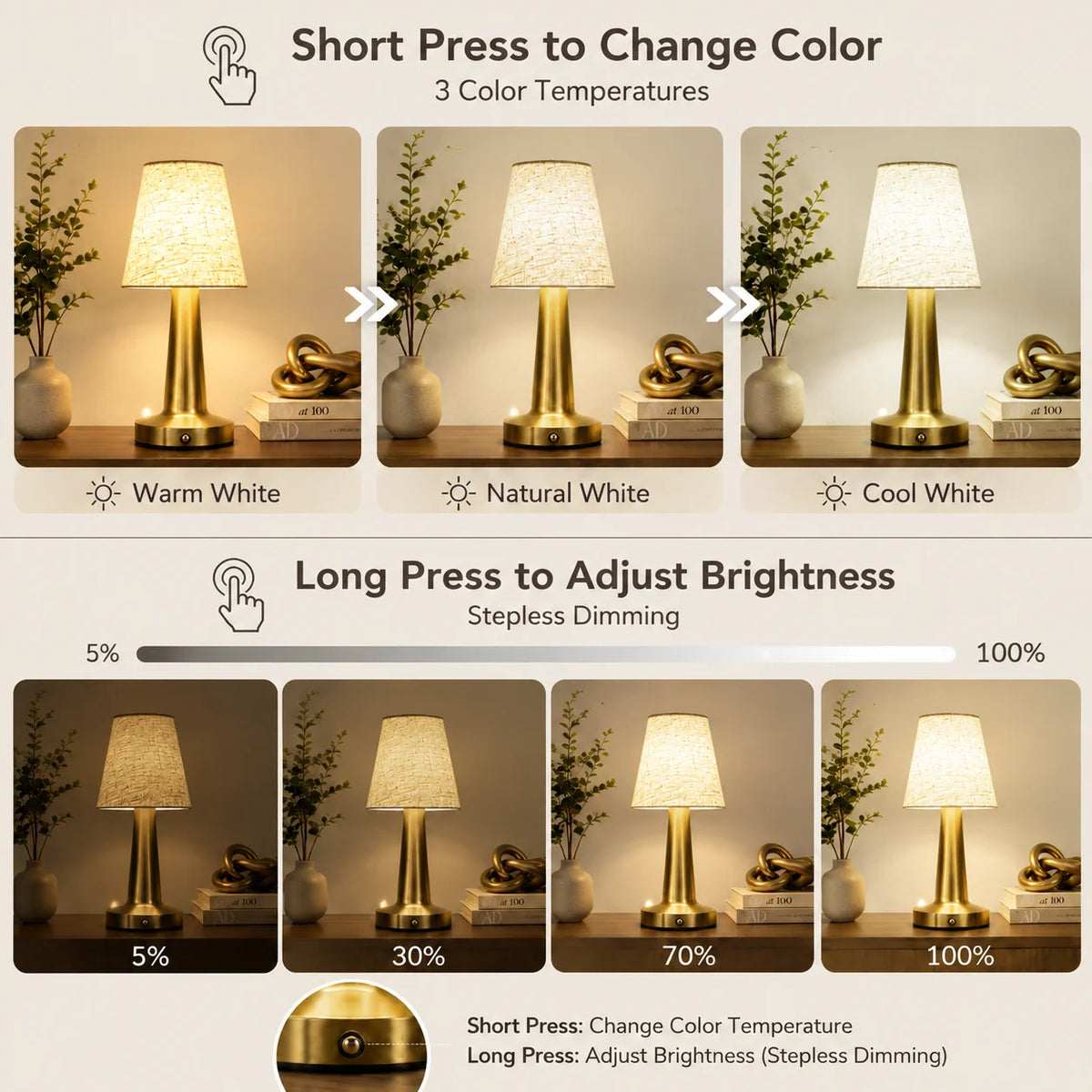 Cordless Bedside Lamp with Ivory Cloth Shade, Touch Dimmable