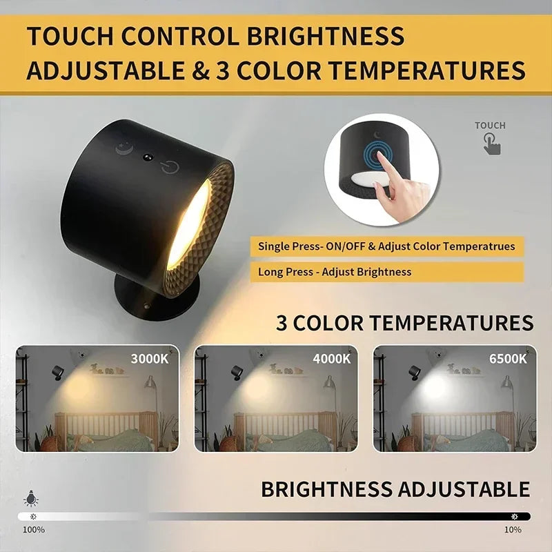 Double Head Rechargeable Wall Reading Light, Touch and Remote, 360° Rotating