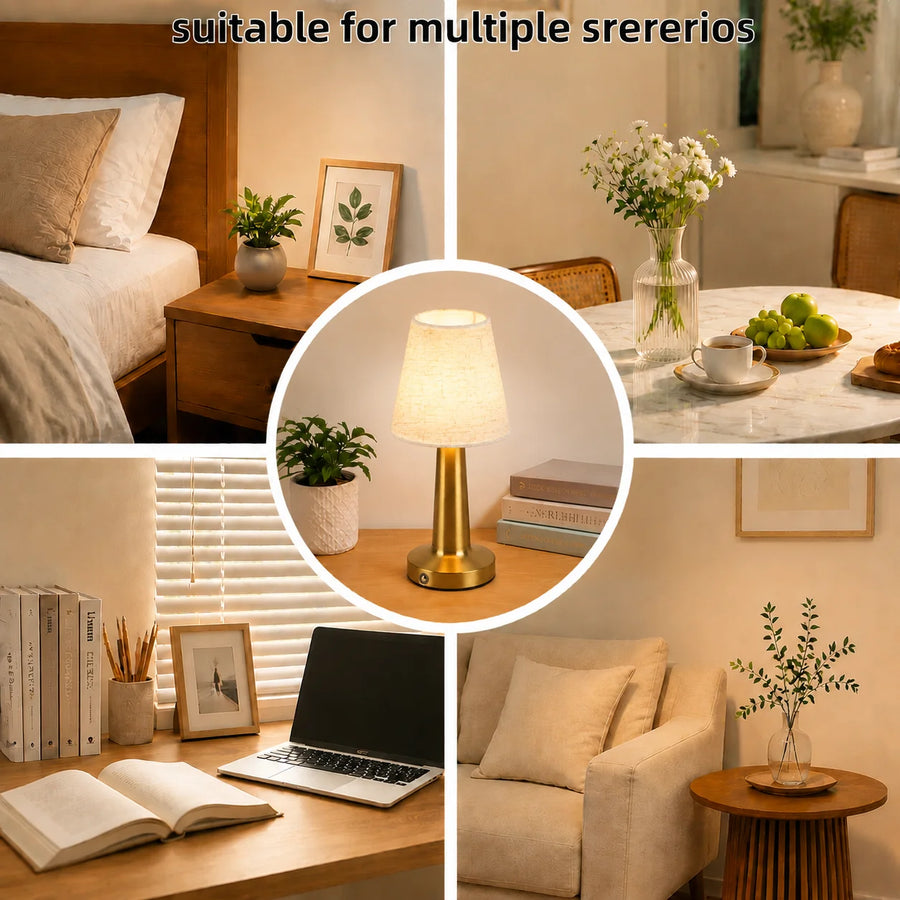 Cordless Bedside Lamp with Ivory Cloth Shade, Touch Dimmable