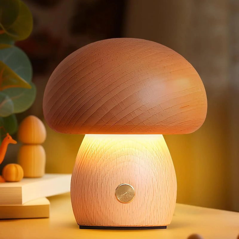 Petite Wooden Mushroom Lamp, Cordless with 3 Light Colors