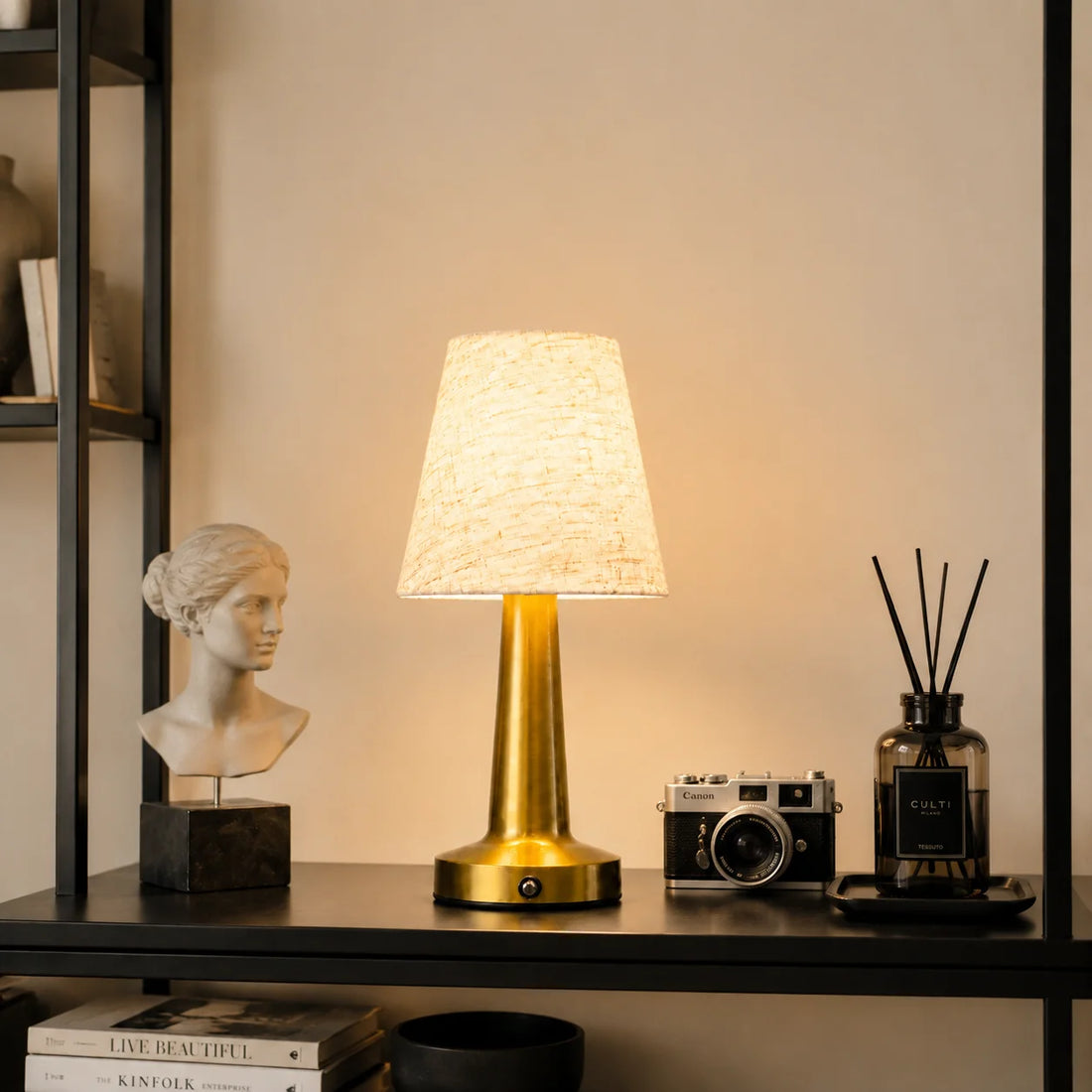 Cordless Bedside Lamp with Ivory Cloth Shade, Touch Dimmable