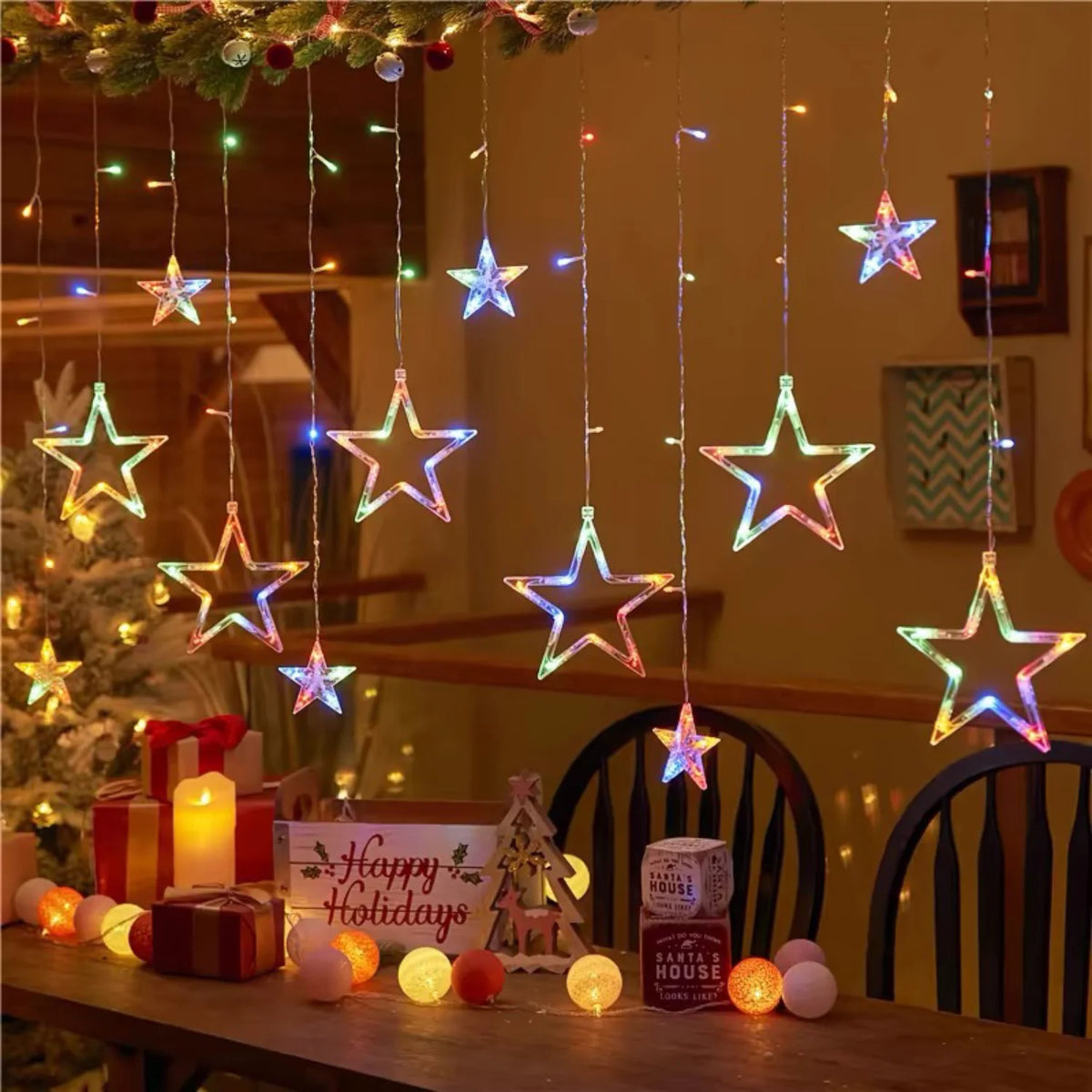 Battery Operated Star and Moon Curtain Lights, 3.5 m Window Lights