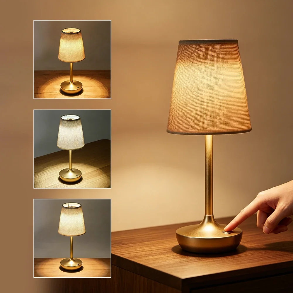 Classic Cordless Table Lamp with Fabric Drum Shade, Dimmable