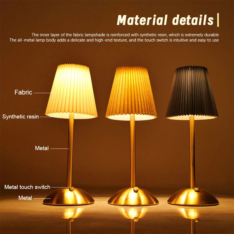 Small Pleated Cordless Table Lamp, Soft Touch Dimmable Light