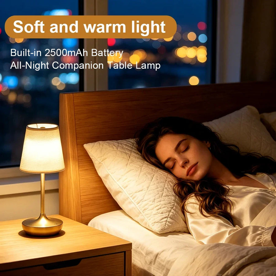 Classic Cordless Table Lamp with Fabric Drum Shade, Dimmable