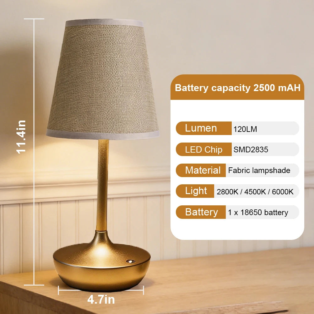 Classic Cordless Table Lamp with Fabric Drum Shade, Dimmable