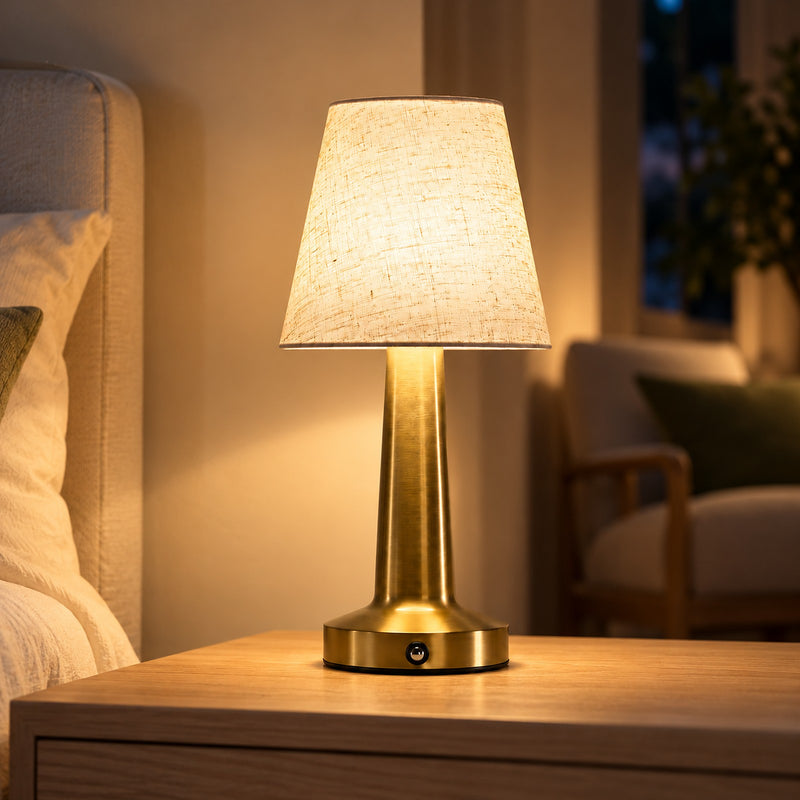 Cordless Bedside Lamp with Ivory Cloth Shade, Touch Dimmable