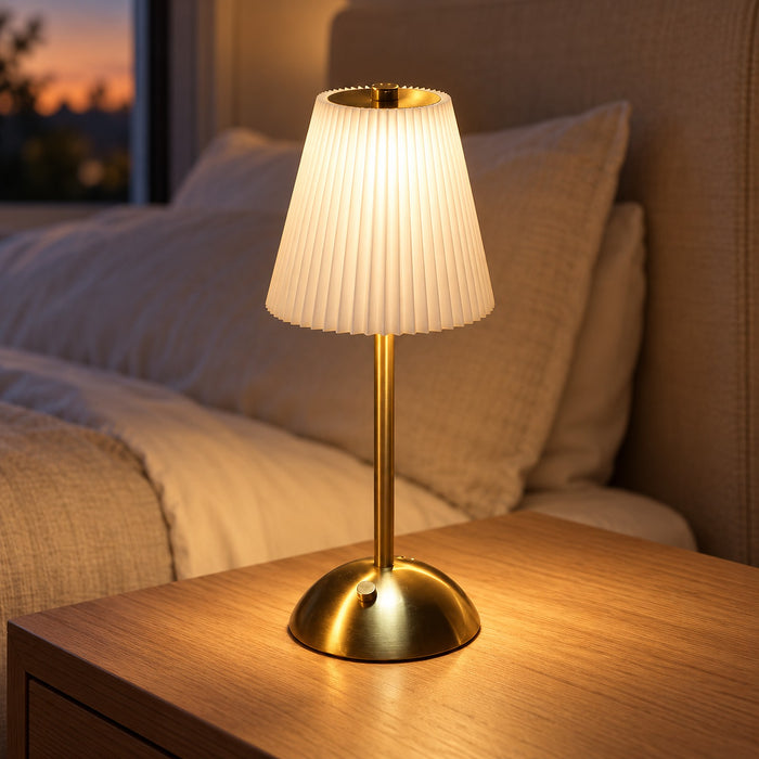 Small Pleated Cordless Table Lamp, Soft Touch Dimmable Light