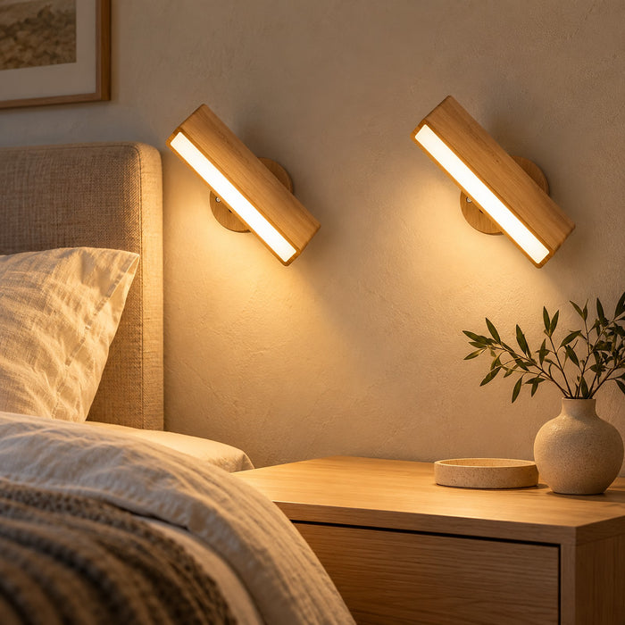 Solid Wood Rechargeable Wall Sconces, Set of 2, Touch Dimmable