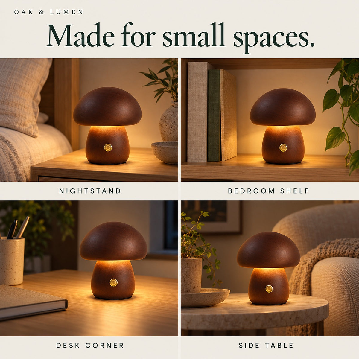 Petite Wooden Mushroom Lamp, Cordless with 3 Light Colors