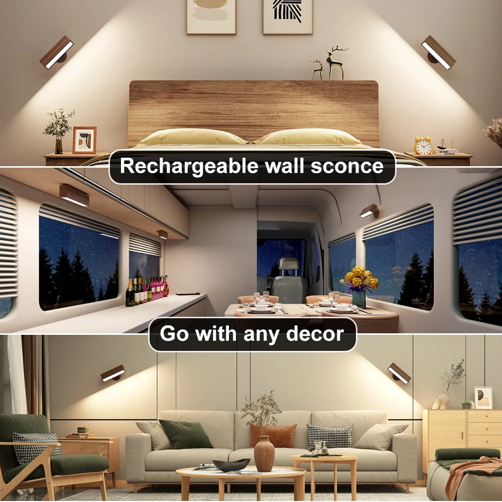 Solid Wood Rechargeable Wall Sconces, Set of 2, Touch Dimmable