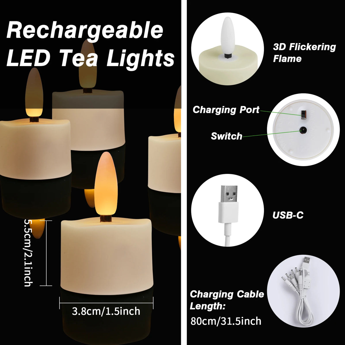 Rechargeable LED Tea Light Candles with Remote and Timer, Set of 12