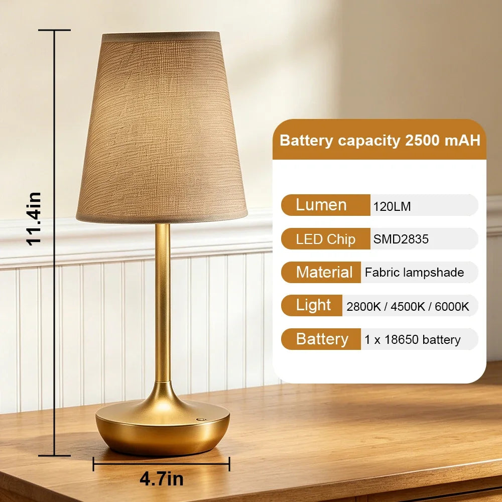 Classic Cordless Table Lamp with Fabric Drum Shade, Dimmable