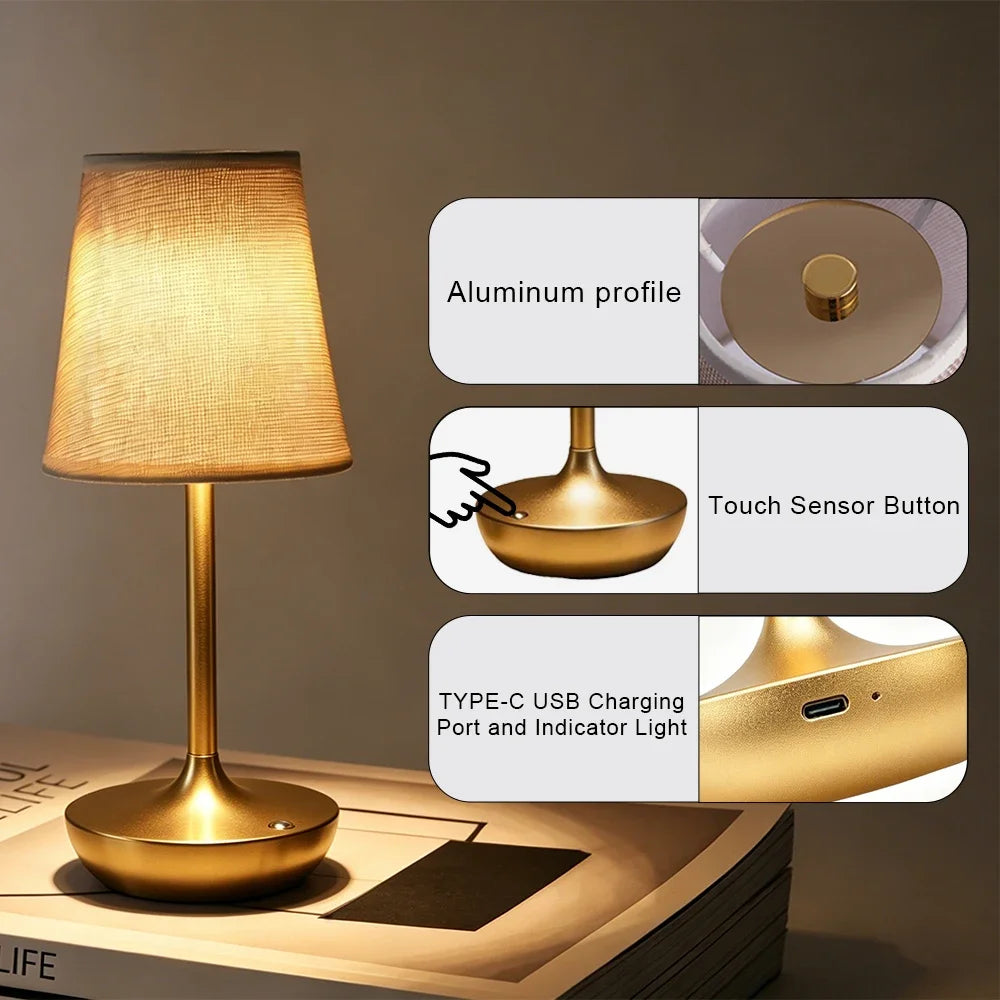 Classic Cordless Table Lamp with Fabric Drum Shade, Dimmable