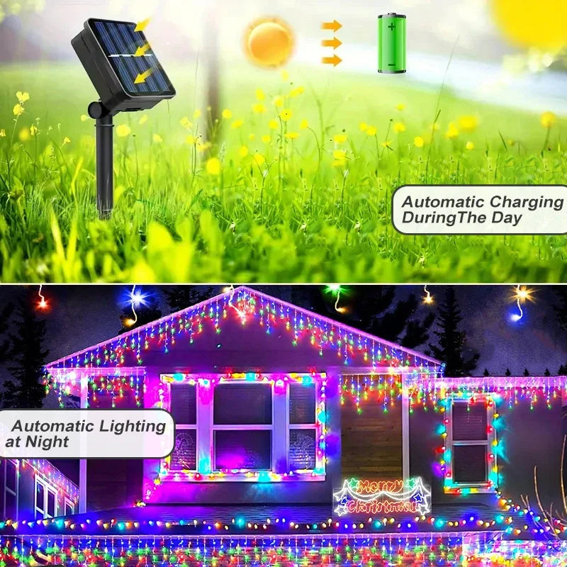 Solar Icicle Christmas Lights, 96 LED Outdoor Curtain Lights, 3.5 m