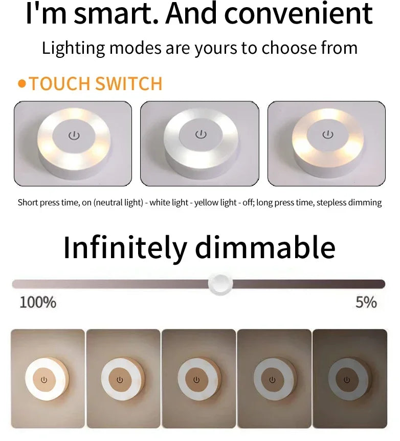 Round Rechargeable Wall Lamp, Touch Dimmable, Magnetic