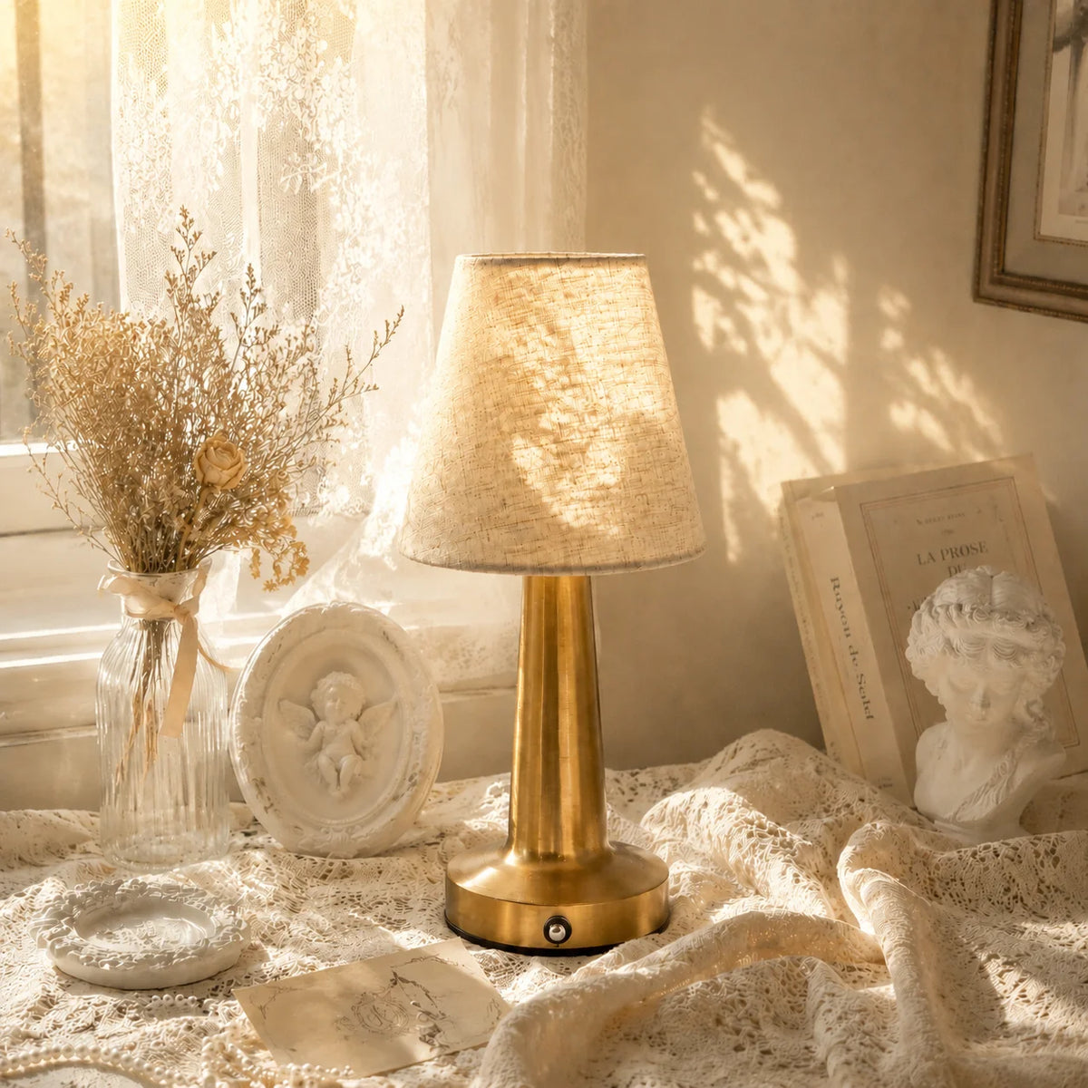 Cordless Bedside Lamp with Ivory Cloth Shade, Touch Dimmable
