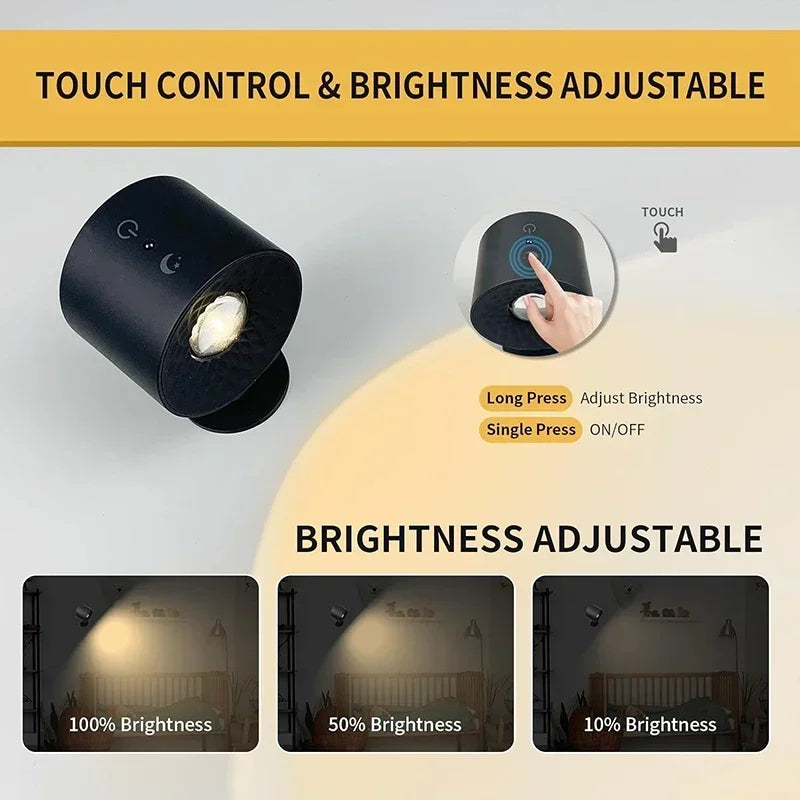 Double Head Rechargeable Wall Reading Light, Touch and Remote, 360° Rotating