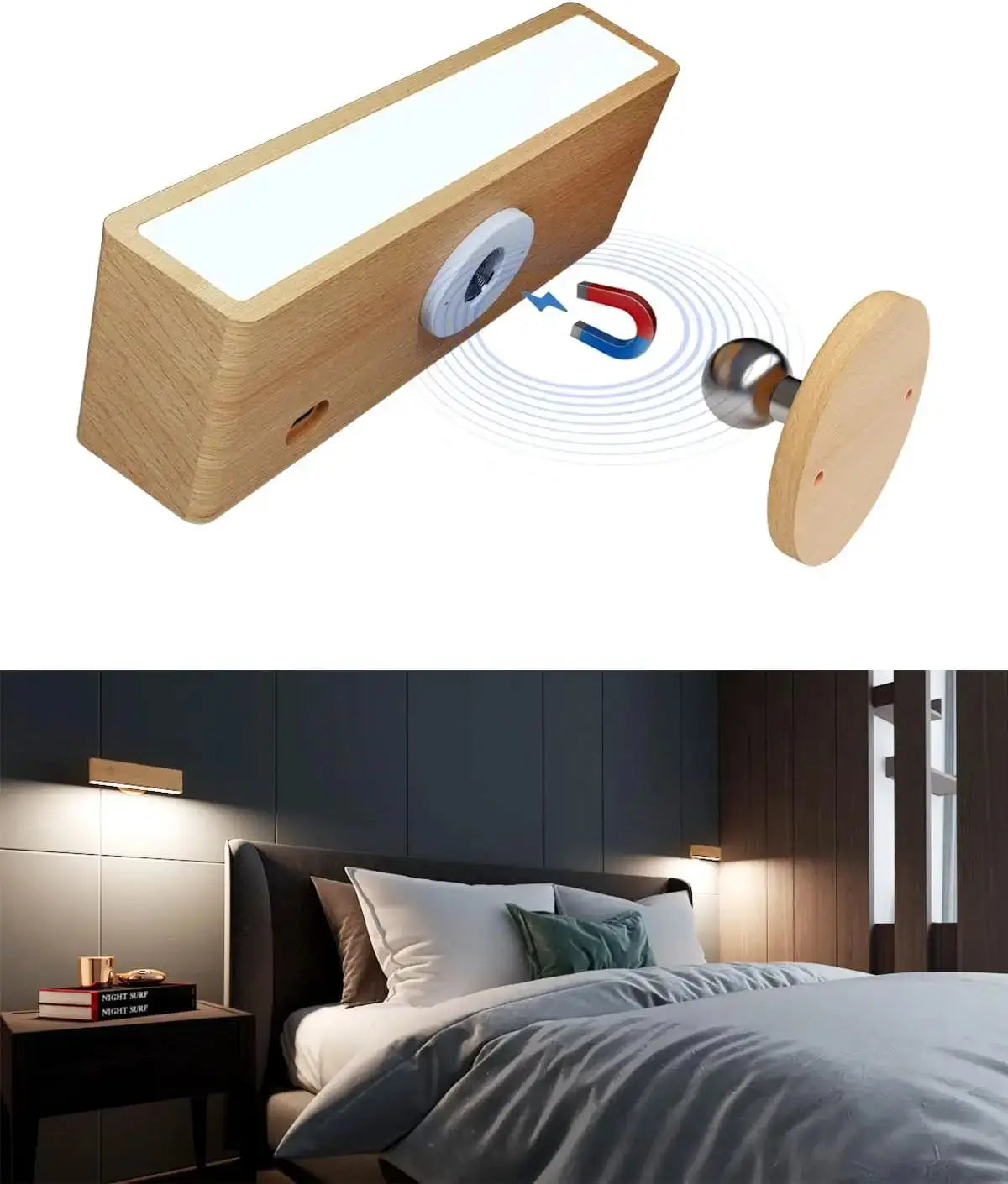 Rechargeable Wood Wall Lamp, Magnetic 360° Rotating Reading Light