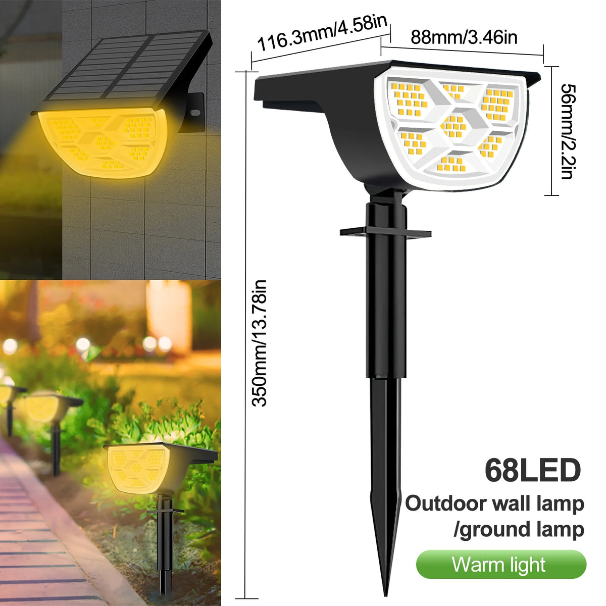 Solar Landscape Spotlight, 68 or 72 LEDs, IP65, 3 Modes