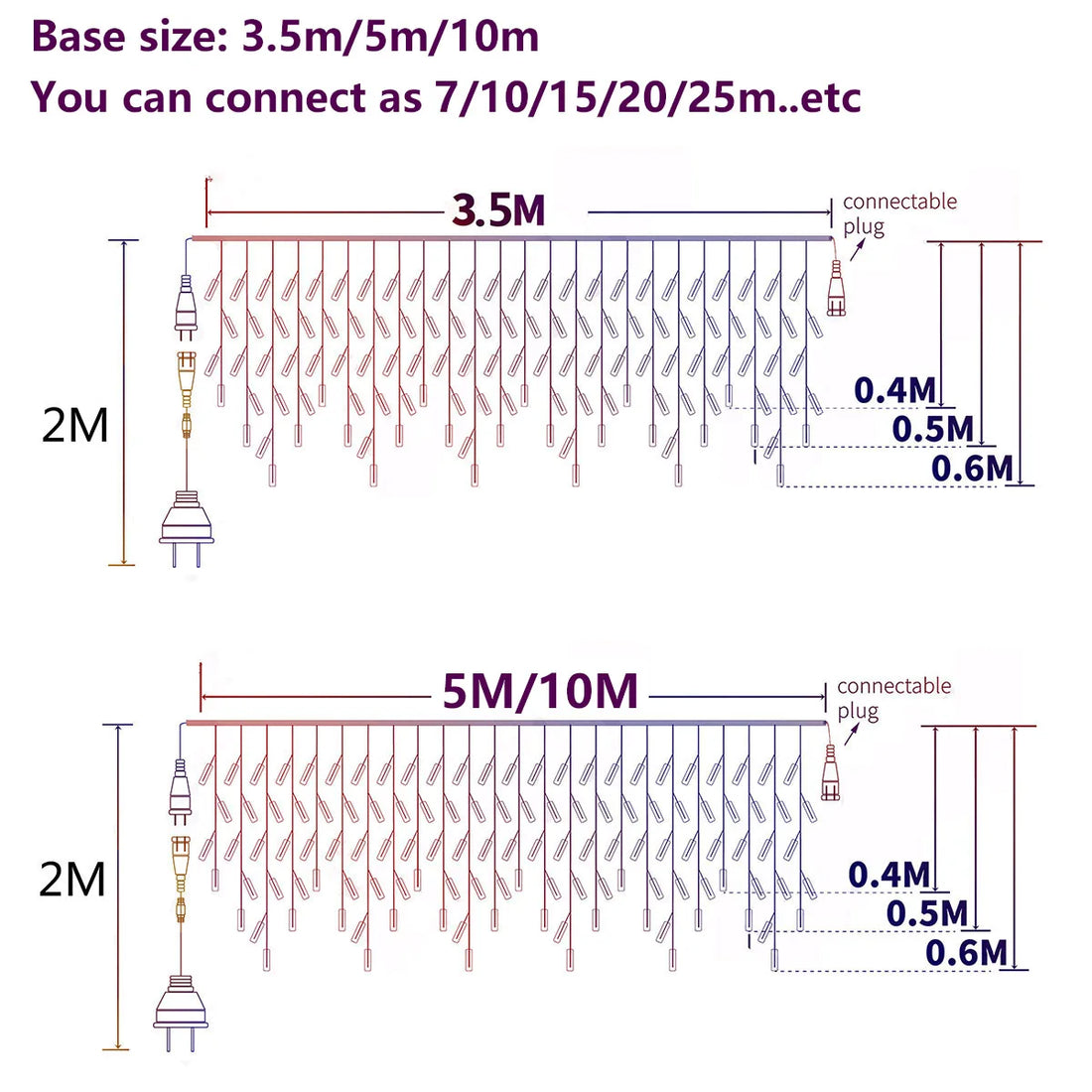 Plug-In Icicle Christmas Lights, LED Curtain Lights for Eaves and Windows