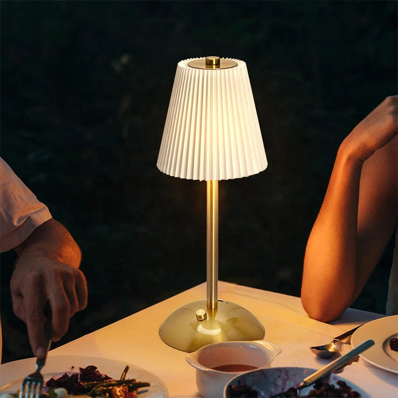 Small Pleated Cordless Table Lamp, Soft Touch Dimmable Light