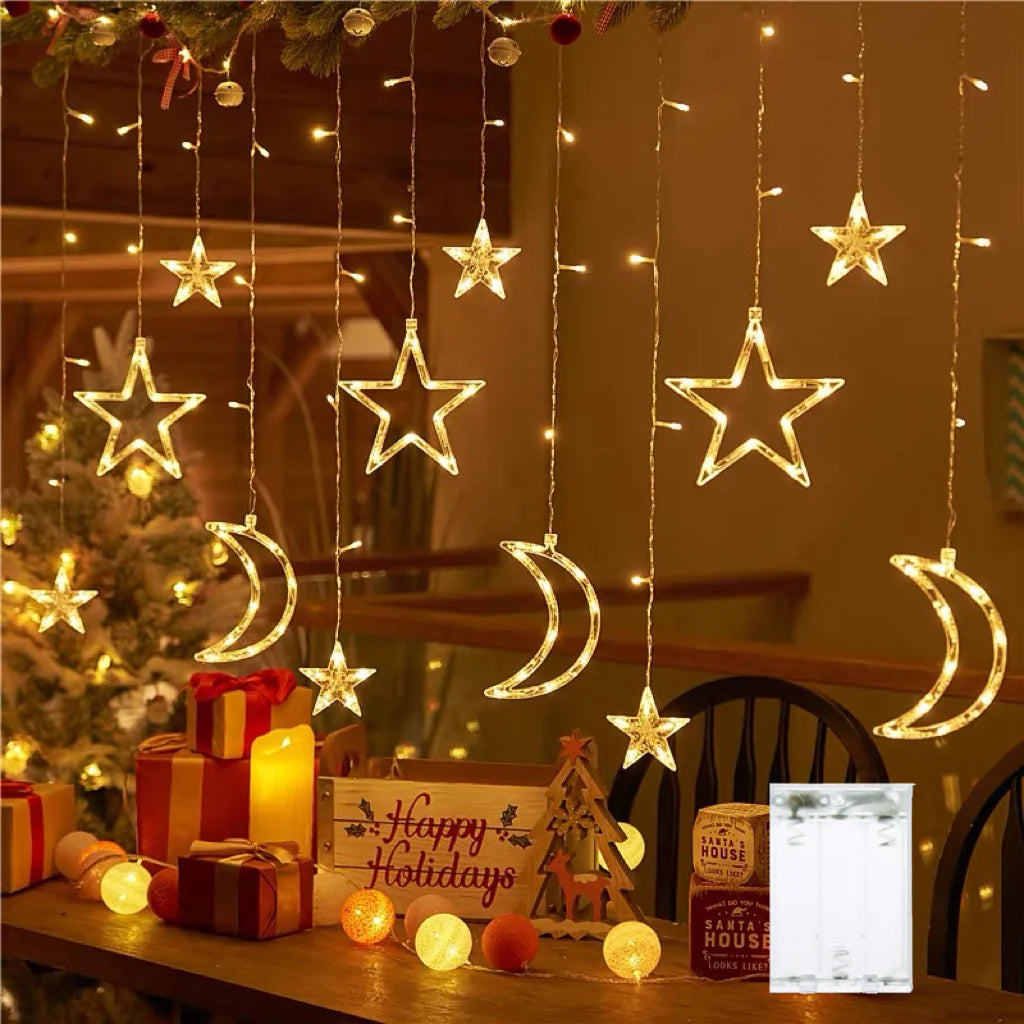 Battery Operated Star and Moon Curtain Lights, 3.5 m Window Lights