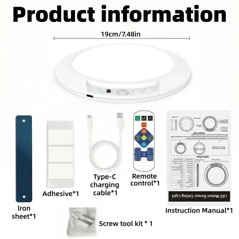 USB-C Rechargeable Magnetic Ceiling Light with Remote, 4000 mAh