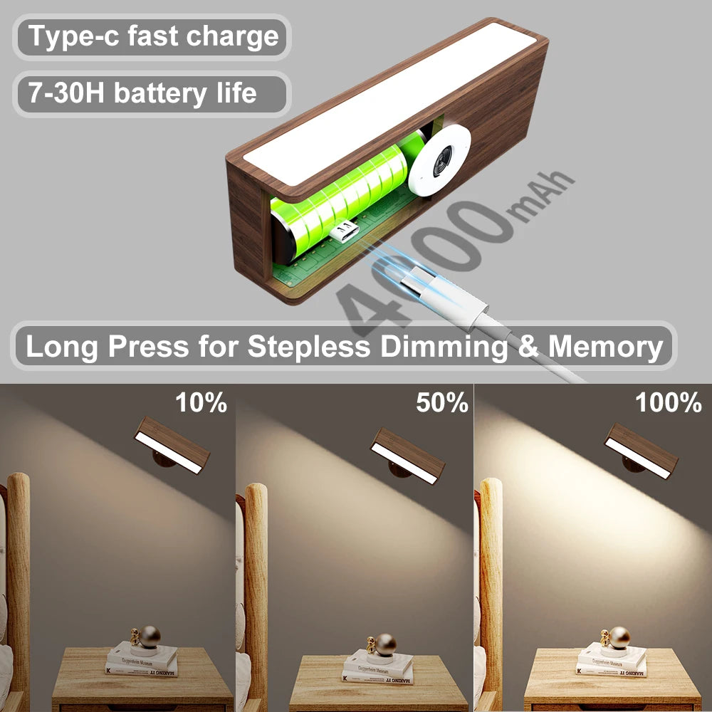 Solid Wood Rechargeable Wall Sconces, Set of 2, Touch Dimmable