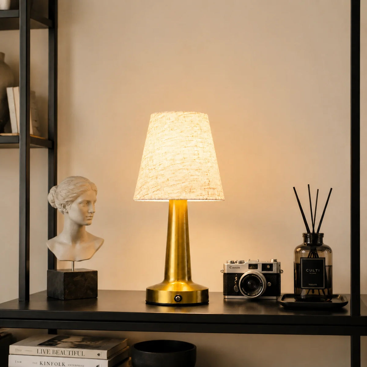 Cordless Bedside Lamp with Ivory Cloth Shade, Touch Dimmable