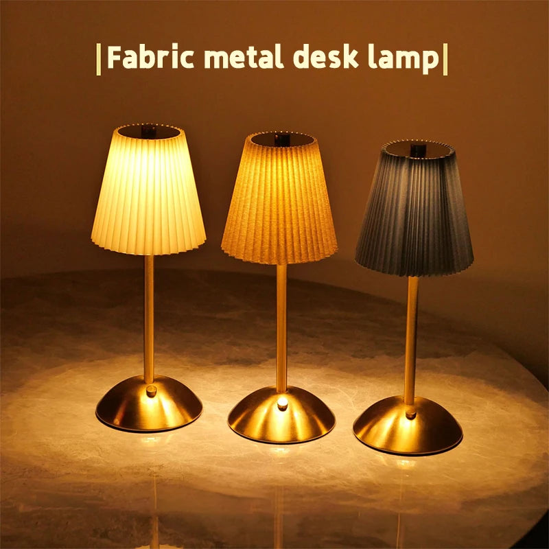 Small Pleated Cordless Table Lamp, Soft Touch Dimmable Light