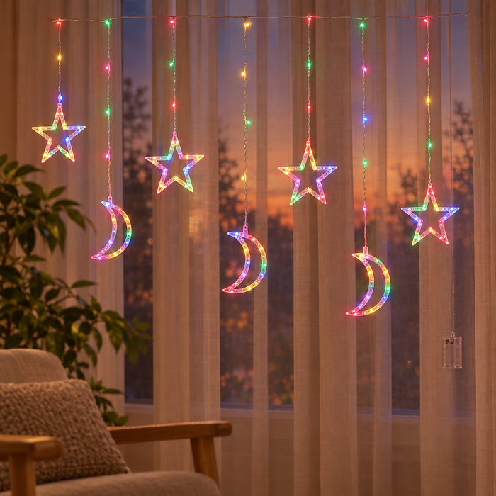 Battery Operated Star and Moon Curtain Lights, 3.5 m Window Lights