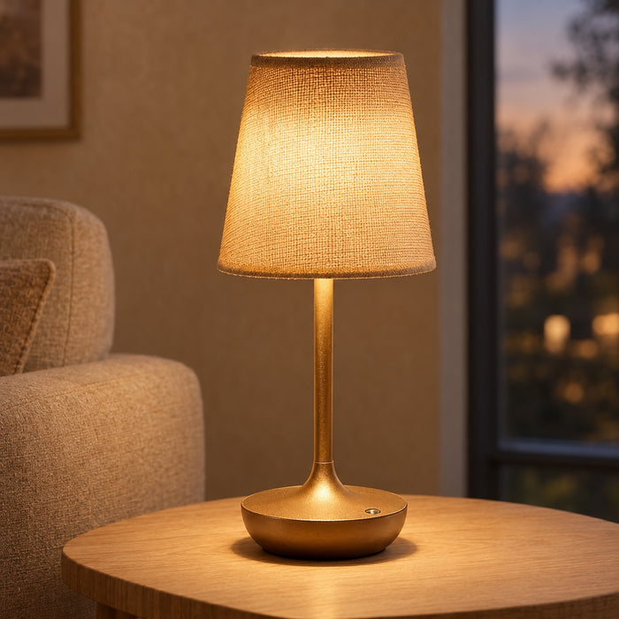 Classic Cordless Table Lamp with Fabric Drum Shade, Dimmable