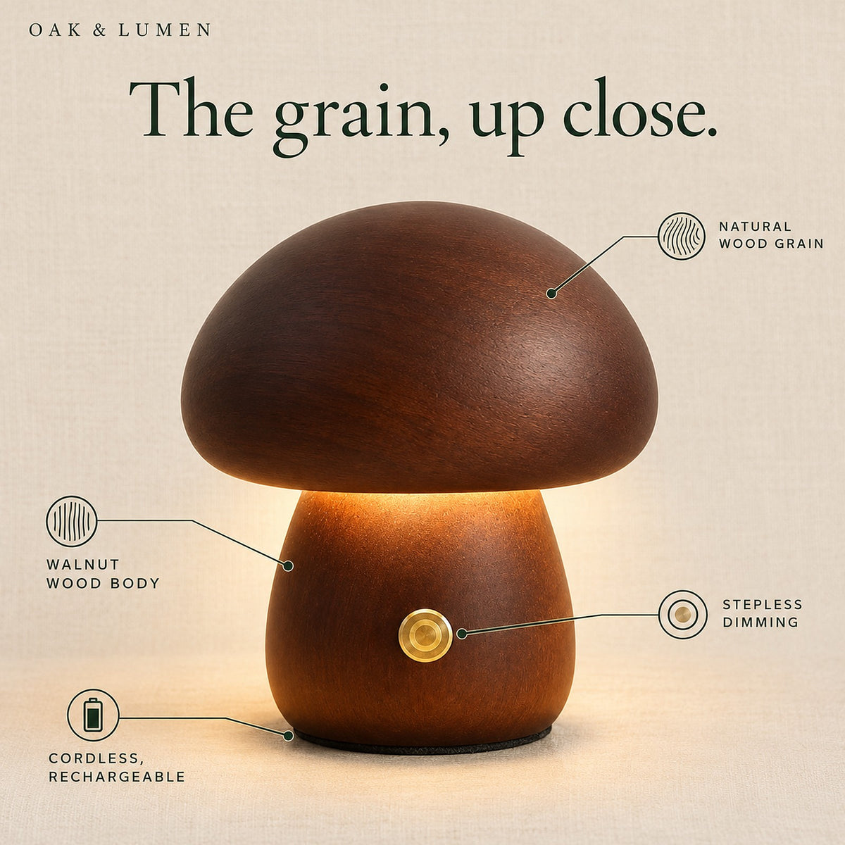 Petite Wooden Mushroom Lamp, Cordless with 3 Light Colors