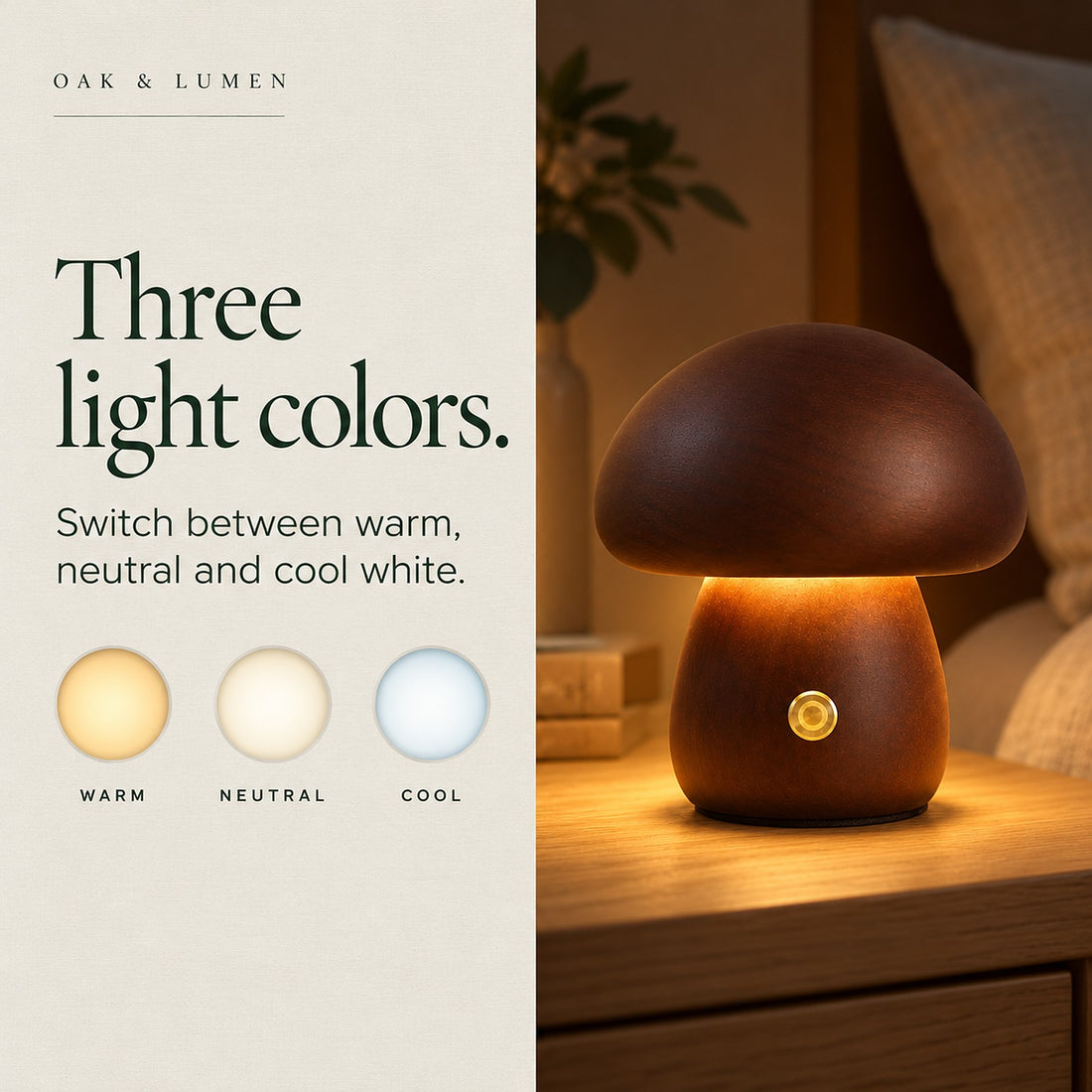Petite Wooden Mushroom Lamp, Cordless with 3 Light Colors
