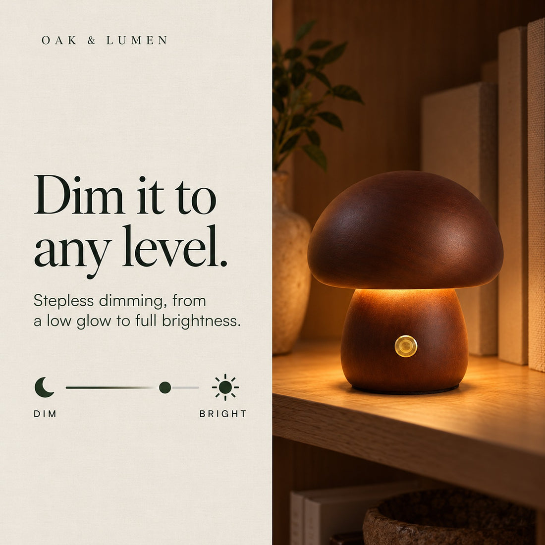 Petite Wooden Mushroom Lamp, Cordless with 3 Light Colors